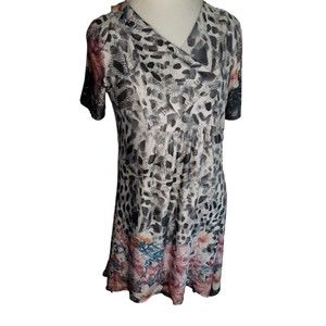 Simply Aster Tunic Top High Low Dress M Short Sleeves Pink Floral Leopard Print
